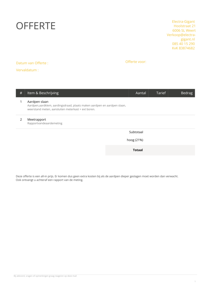 Voorbeeld elektricien offerte door Electra Gigant